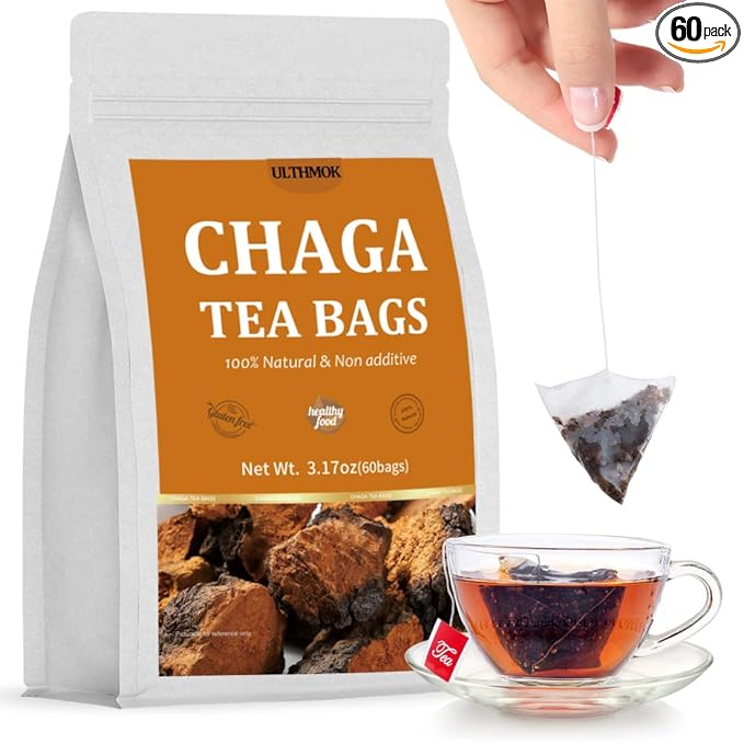 Premium 60 Chaga Tea Bags,100% Pure Siberian Wild Harvest Chaga Mushroom,No Additives,Caffeine Free.