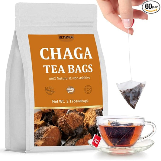 Premium 60 Chaga Tea Bags,100% Pure Siberian Wild Harvest Chaga Mushroom,No Additives,Caffeine Free.