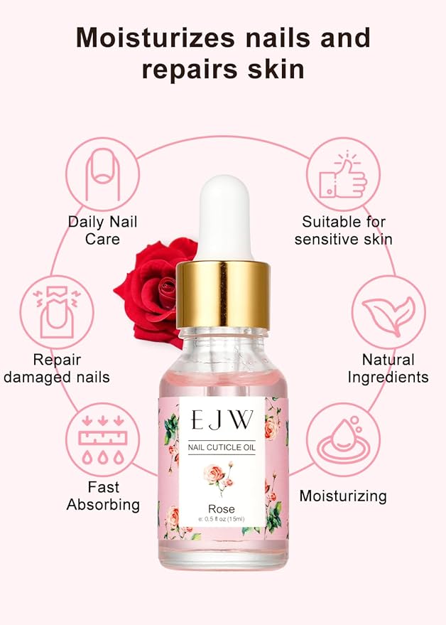 EJW Cuticle Oil for Nails, 1 Week Multi-Functional Care for Hands and Feet, Moisturizes & Strengthens Nails, Improves Hangnails & Dry Skin, Natural Ingredients, Rose