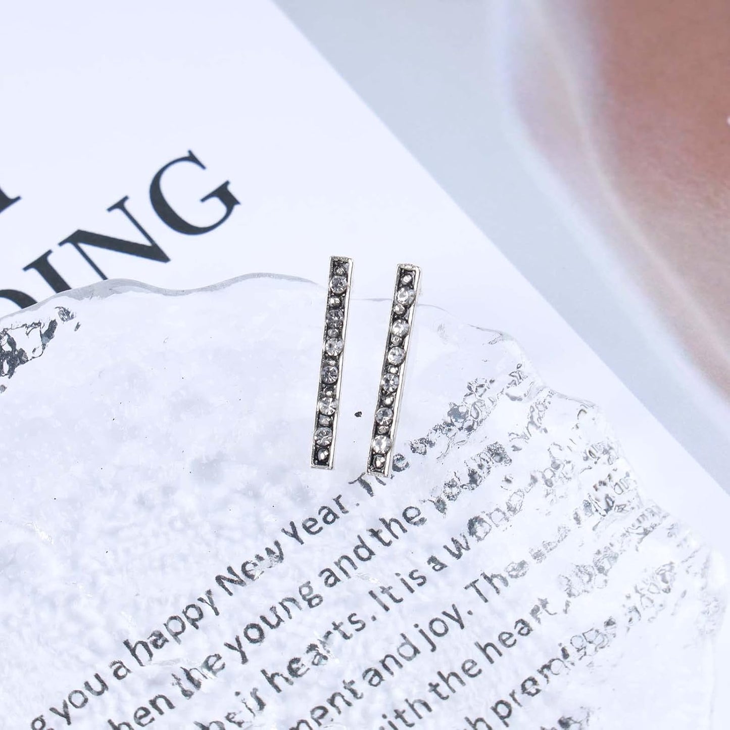 Geometric Crystal Bar Earrings Silver Cz Bar Stick Earrings Cz Rhinestone Bar Stud Earrings Silver Minimalist Earrings Jewelry for Women and Girls