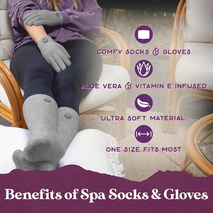 Purple Canyon Aloe Socks and Gloves Set | Light Gray Fuzzy Socks and Gloves Infused with Aloe and Vitamin E | Spa Socks and Gloves for Women