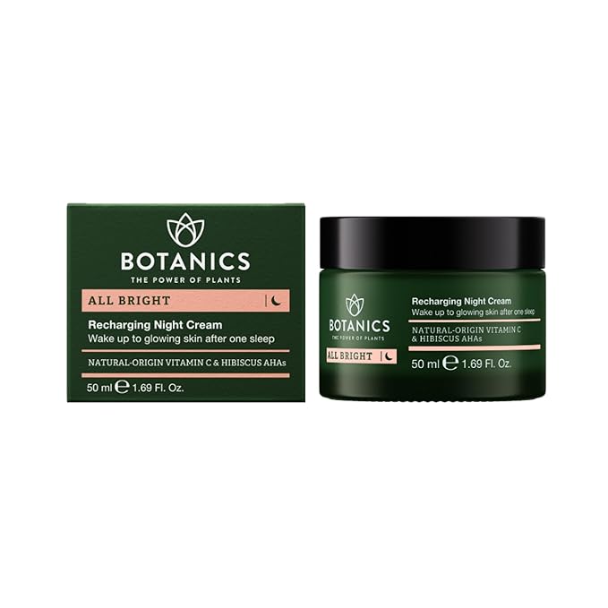Botanics All Bright Recharging Night Cream - Vitamin C Face Moisturizer with Hibiscus AHA for Glowing Skin - Hydrating & Smoothing - Vegan & Cruelty-Free Face Cream for Women & Men (1.69 Fl Oz)
