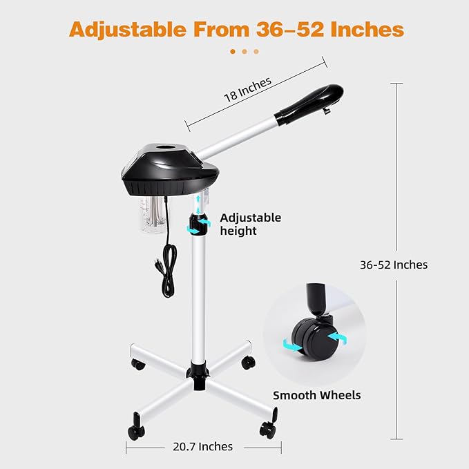 Professional Facial Steamer on Wheels, Ozone Facial Steamer with Time Setting, Stand Face Steamer Adjustable Height for Spa, Salon and at Home Use