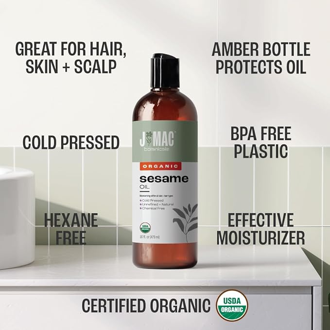 J Mac Botanicals, Organic Sesame Oil, Cold-Pressed, Organic Sesame Oil for Skin, Pulling
