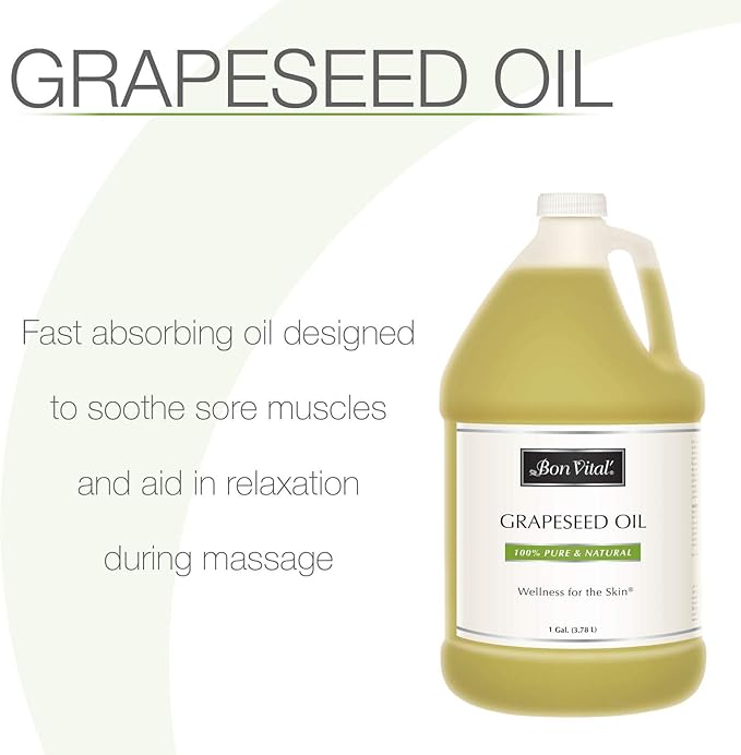 Bon Vital' Grapeseed Oil, 100% Pure Skin Toner and Massage Oil, For Hair Care, Aromatherapy, and Massage, Helps Reduce Wrinkles and Prevents Premature Aging, Skin Moisturizer, 1 Gal, Label may Vary