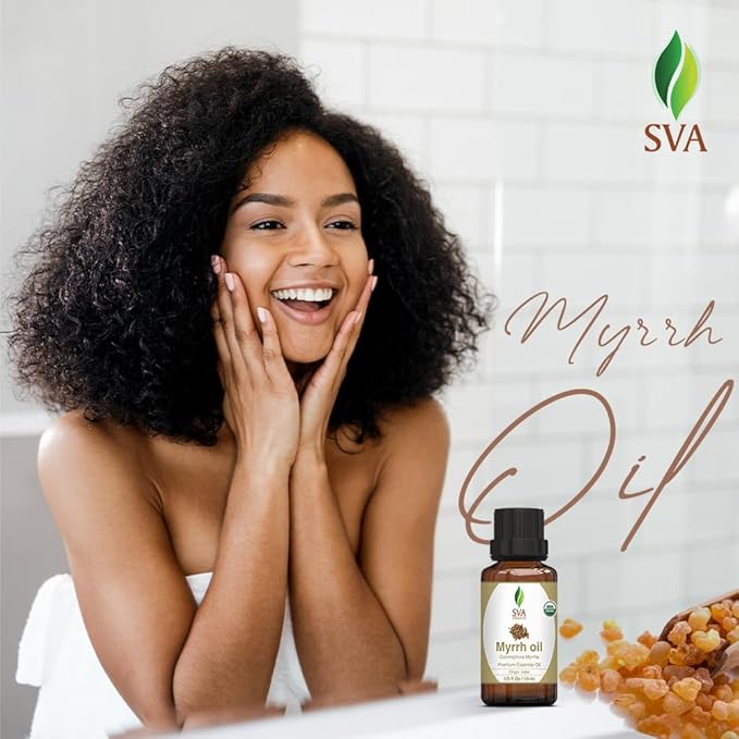 SVA Myrrh Essential Oil Organic – 1/3 Fl Oz – 100% Natural Organic Myrrh Oil - for Diffuser, Hair Care, Face, Skin Care, Aromatherapy, Scalp and Body Massage, Soap and Candle Making