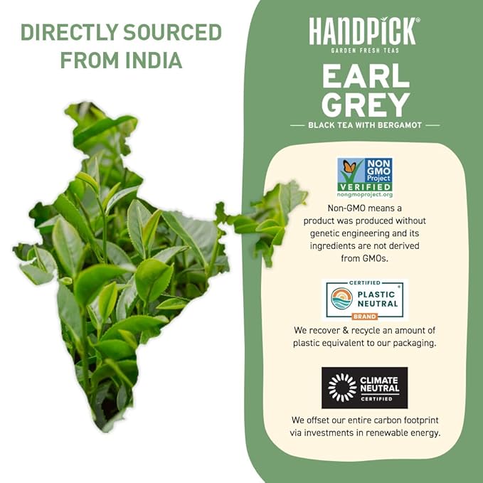 HANDPICK, Earl Grey Black Tea Bags (100 Count) Double Bergamot Oil | Caffeinated, Earl Grey Tea Bags | Flavoured With Citrus and Bergamot Brew Hot/Iced Tea with or without milk