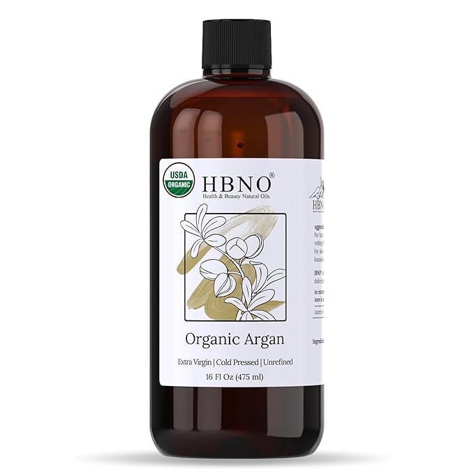 HBNO Organic Argan Oil - Huge 16 oz (475 ml) Value Size - Natural Argan Oil, Cold Pressed - Perfect Carrier Oil for Massage, Aromatherapy, DIY, Soap Making, Face, Body, Lips, Hair, Nails - Argan Oil