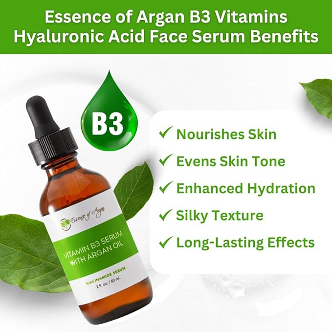 Essence of Argan B3 Vitamins Hyaluronic Acid Face Serum, Niacinamide Moisturizer for Face, Pore Serum Minimizer - 2 fl. Oz. Dropper Bottle