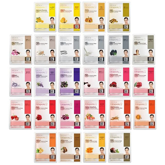 DERMAL Korea Collagen Essence Full Face Facial Mask Sheet 26 Yellow & Red Combo Pack - Skin Nourishing Elasticity