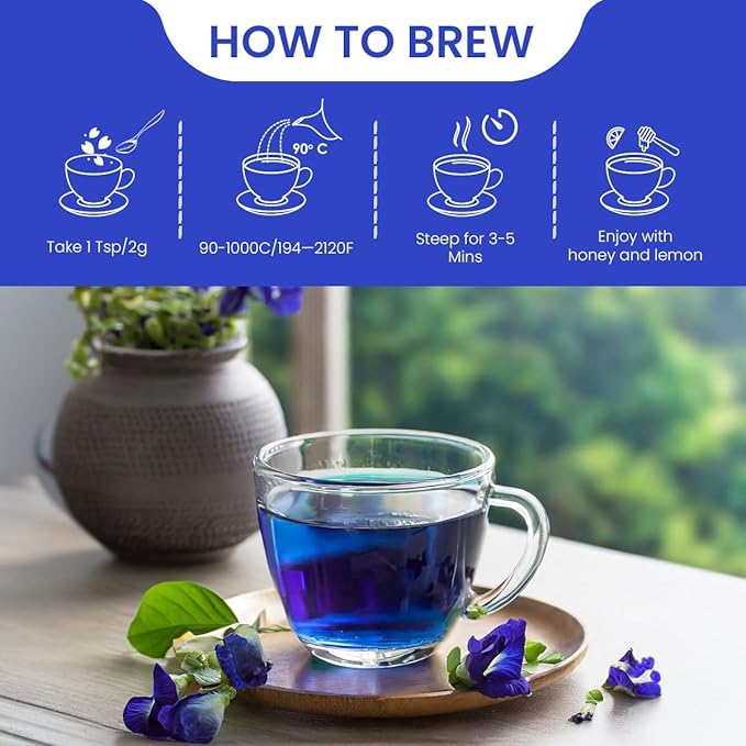 BLUE TEA - Butterfly Pea Flower Tea - 3.52 Oz (200+ Cups) Loose | ANTIOXIDANT RICH | Chemical Free - Caffeine Free - Detox Tea - Flower Based - Non Bitter - Vegan - Non-GMO | Zipper Packaging