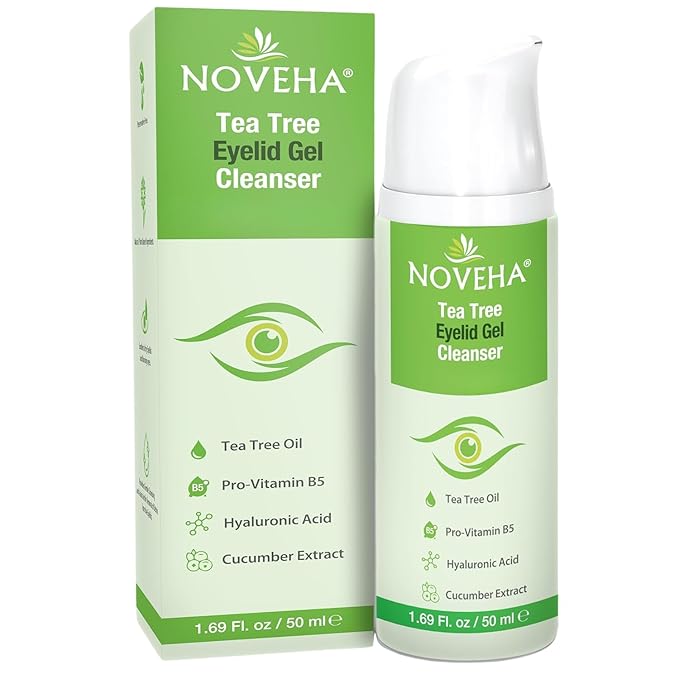 NOVEHA Tea Tree Eyelid Gel Cleanser - for Blepharitis, MGD, and Dry Eye with Pro-Vitamin B5, Hyaluronic Acid, and Cucumber Extract - Gentle Cleansing, Soothes Itchy Eyelid and Burning Eyes - 50mL