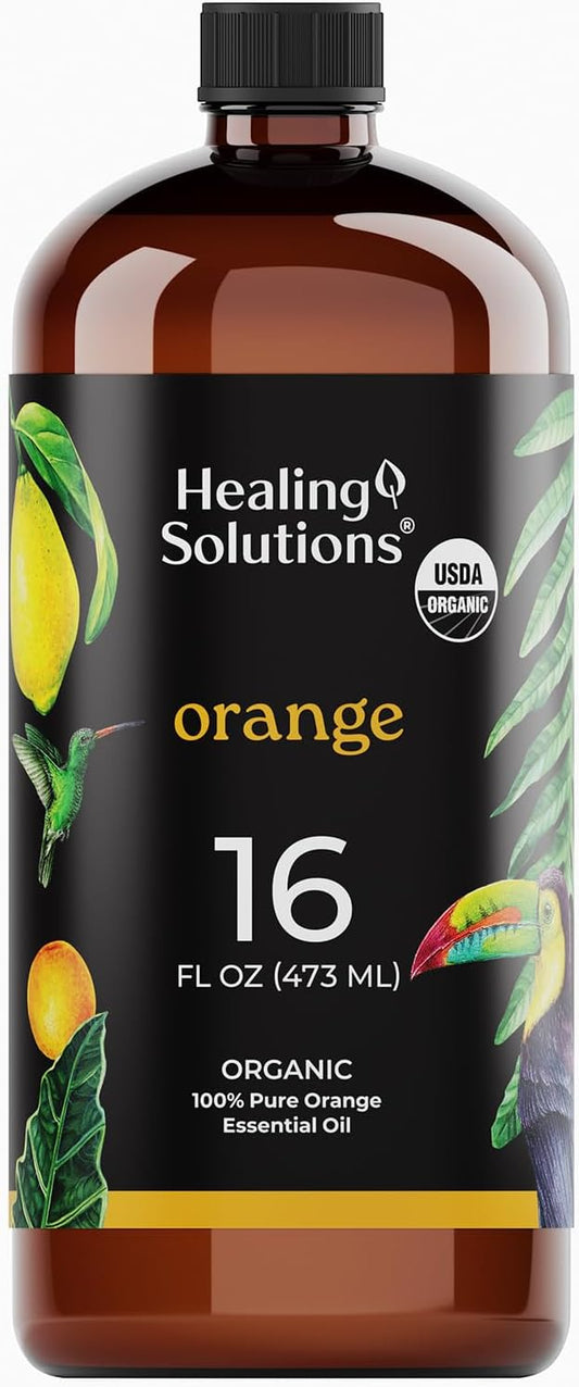 Healing Solutions Orange Essential Oil - Bulk, 16oz Organic Bottle - Sweet Orange for Cleaning & Skin Care