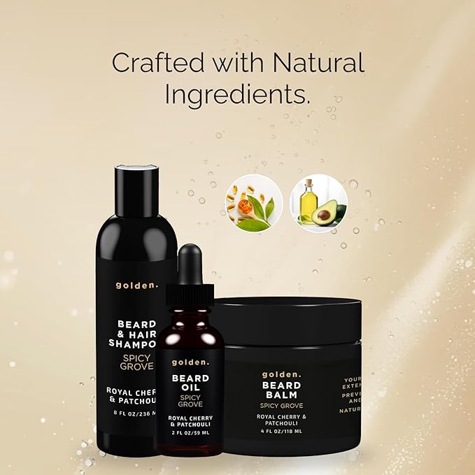 Golden Grooming Co. Everyday Beard Bundle – Complete Beard Care Set | Includes Beard Oil, Balm & Shampoo (XL, Spicy Grove)