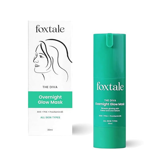 Foxtale The Diva Overnight Glow Mask, 4% Glycolic Acid, 3% Lactic Acid, 30 Second Salon like Brightening Facial for Clear, Smooth & Soft Skin, Men & Women - 1.05Oz