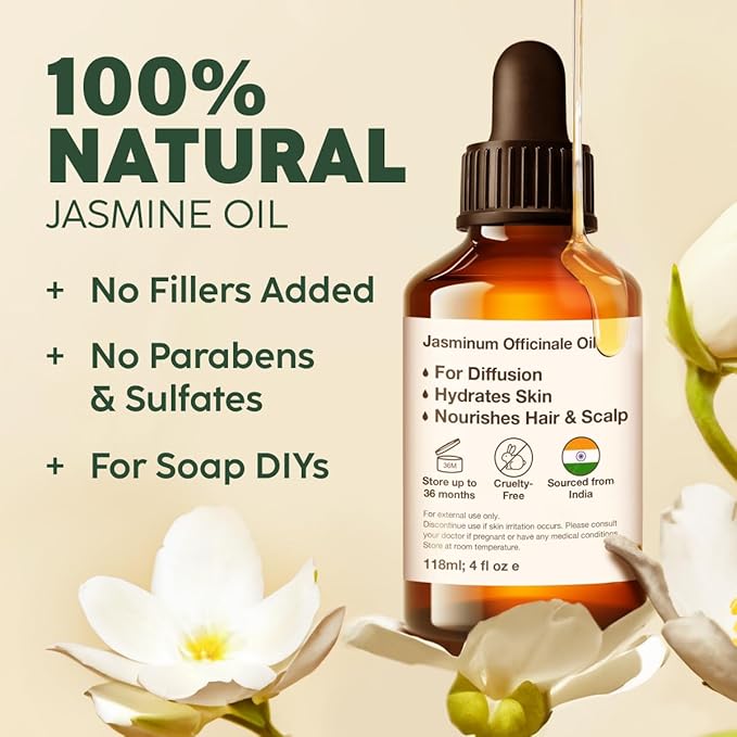 Kukka Jasmine Essential Oil for Diffuser - 4 Fl Oz - 100% Pure Natural Jasmine Oil for Skin, Hair & DIY Soap Making Scents - A Great Relaxing Floral Addition for Hair Care & Perfume