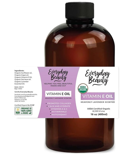 Organic Vitamin E Oil - Heavenly Lavender Scented 16 oz Bulk USDA Certified 100% All Natural Plant Based - Lightweight and Great for Scars After Surgery - For Face, Skin and Nails
