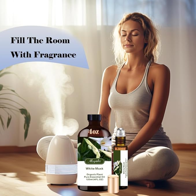White Musk Essential Oil (4 oz/120 ml) with roll on (10 ml) -Natural, Aromatherapy, Diffuser, Massage, Relaxation, Stress Relief, Yoga, DIY Soap and Candle Making, Fragrance Oils, Spa, Gifts