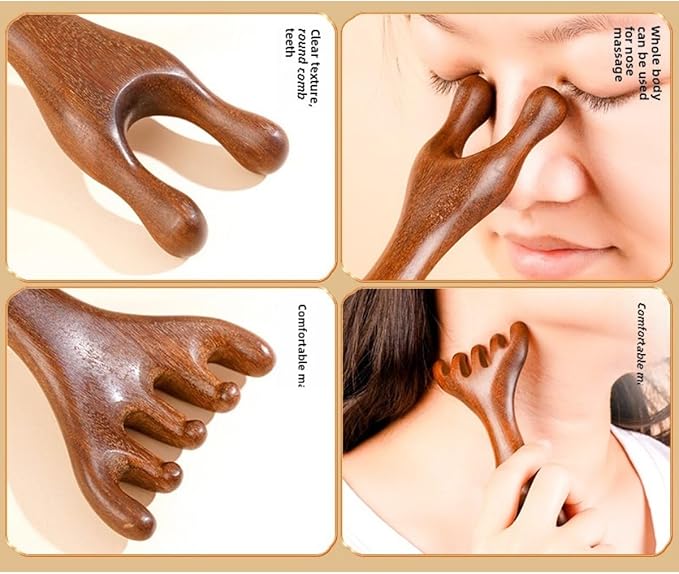 Golden Sandalwood Massager Tool Eye Massage Device Scalp Gua Sha Wooden Comb Forehead Massage Tools with Gift Box (5+2-Claws)