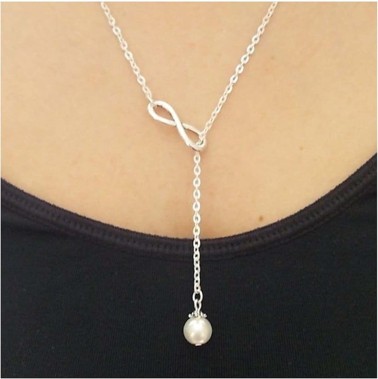 Boho Pearl Infinity Necklace Silver Y Pearl Necklace Minimalist Chain Y Lariat Necklace Chain Jewelry for Women and Girls