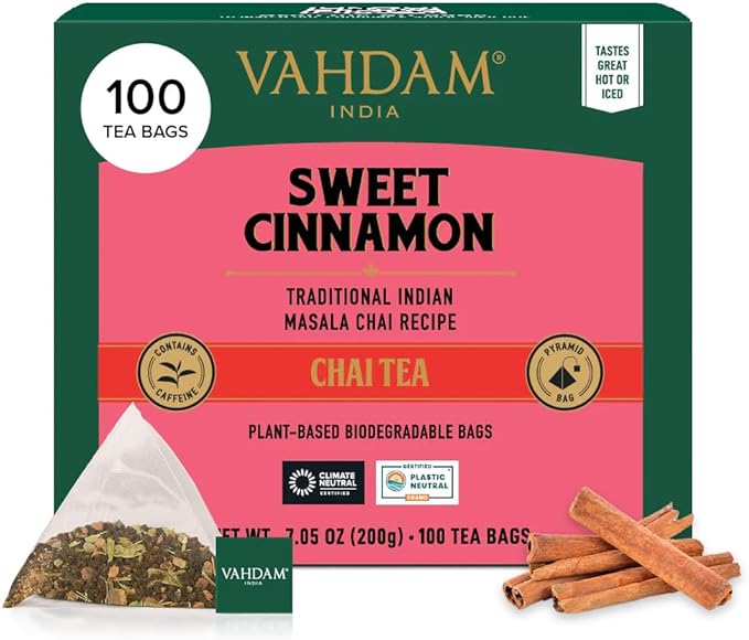 VAHDAM, Sweet Cinnamon Tea | 100 Tea Bags | 100% Natural Spices | Cinnamon Masala Chai Tea Recipe | Spiced Chai Tea Bag | Brew as Hot or Iced