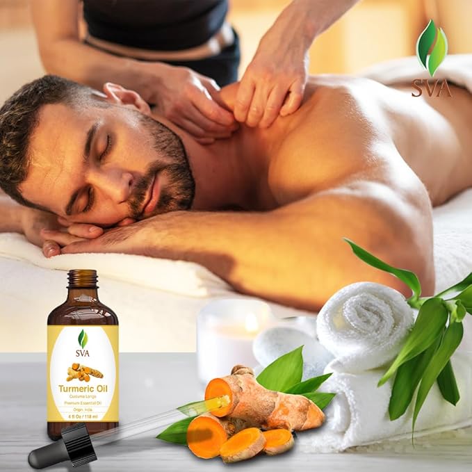 SVA Turmeric Essential Oil – 4 Fl Oz – 100% Natural Turmeric Oil - for Diffuser, Hair Care, Face, Skin Care, Aromatherapy, Scalp and Body Massage, Soap and Candle Making – with Dropper