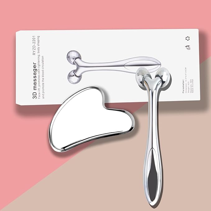 Face Massager, Metal Zinc Alloy Face Roller Massage Tool Stainless Steel Large Heart Gua Sha Scraping Board Facial Skin Tools Set for Women Face Neck Eye Body Skin Care