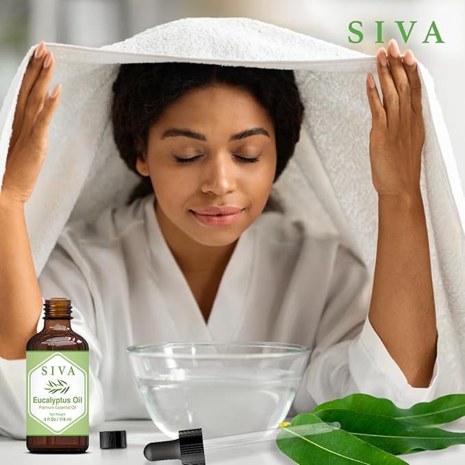 SIVA Eucalyptus Essential Oil - 4 Fl Oz – Natural Eucalyptus Oil - for Diffuser, Face, Skin Care, Aromatherapy, Hair Care, Scalp and Body Massage - with Dropper