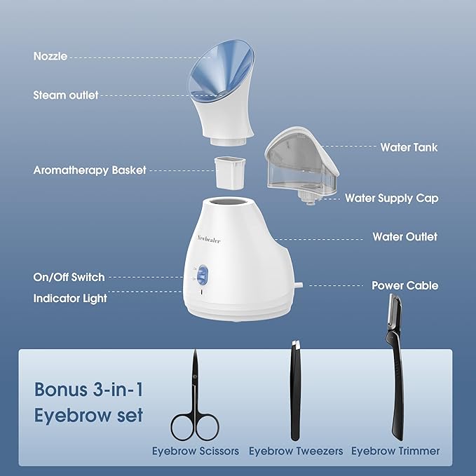 Newbealer 2in1 Facial Steamer, Hot Mist Facial Aromatherapy Humidifier Atomizer, Large Face Steamer Unclogs Pores Sinuses Moisturizing, Home Sauna Spa with Eyebrow Set (Blue, 170 ml)