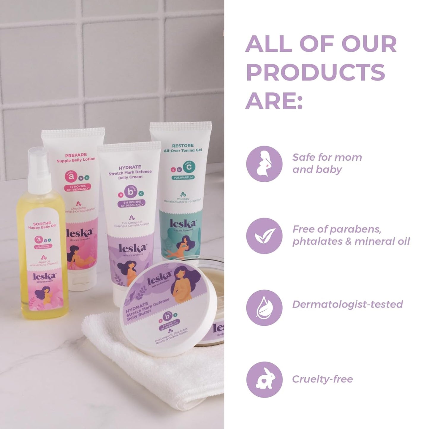 Leska Pregnancy Stages A & B Set | Belly Lotion, Belly Oil, Stretch Mark Defense Cream & Belly Butter | Pregnant Mom Months 1-9 | Part of Complete 3-Part Pregnancy Skincare System (Set of 4, 4-4.93oz)