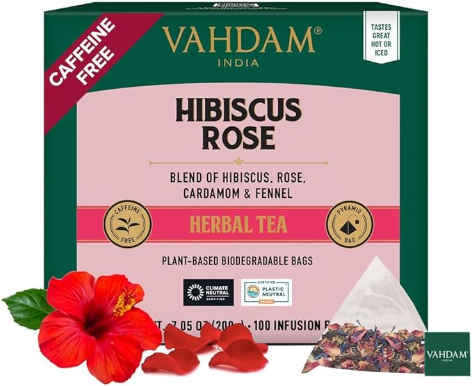 VAHDAM, Hibiscus Rose Tea Bags - 100% Whole Hibiscus Flowers Herbal Tea Bags (100 Count) With Rose, Chamomile & Exotic Spices | Caffeine Free, Floral Flavor Tisane | Resealable Ziplock Pouch