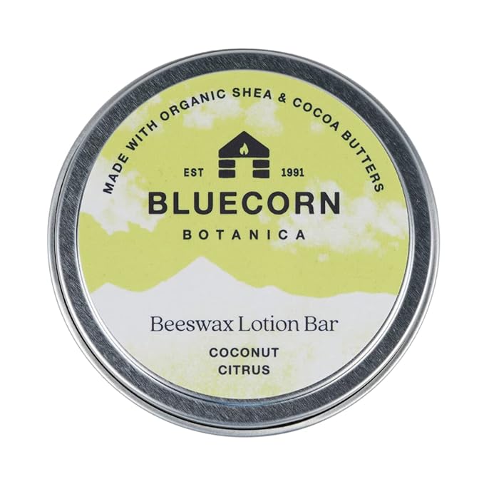 Bluecorn Beeswax Coconut Citrus Scented Lotion Bar. Organic Shea Butter, Cocoa Butter, Vitamin E, Apricot Oil & Avocado Oil. Long-Lasting Moisture for Super Dry Skin. Plastic-Free & Made in the USA.