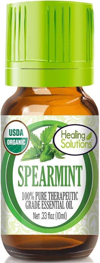 Healing Solutions Organic Spearmint Essential Oil 0.33 oz (10 ml), Undiluted, Pure, Therapeutic Grade for Skin, Diffuser & Aromatherapy - Spearmint Oil