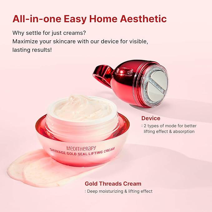 Shumage Gold Seal Lifting Cream+Device & Shumage Shot Gold Seal Lifting Ampoule - Moisturizer Face Lift Cream, Hydrating & Tightening for Sagging Skin - Collagen Serum for Radiant Glow