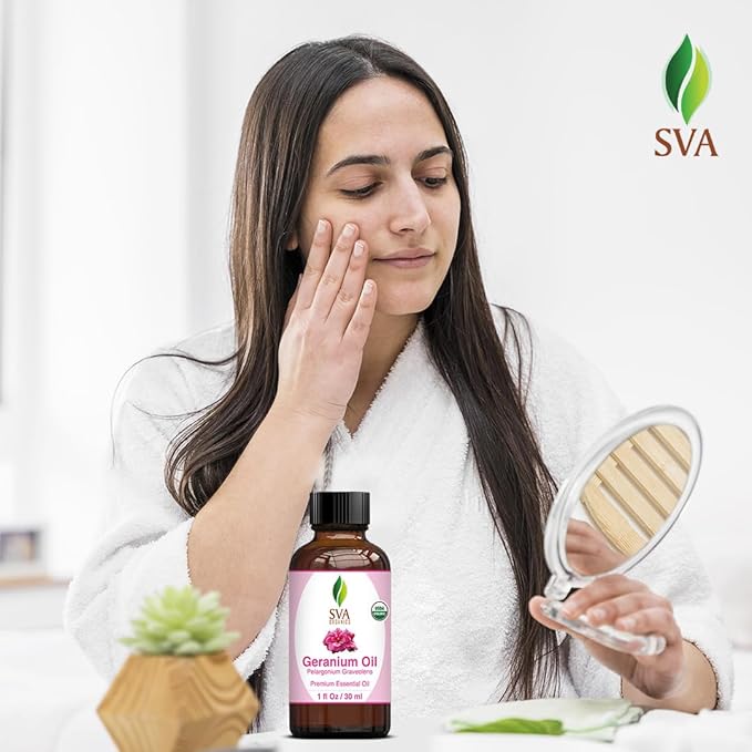 SVA Geranium Essential Oil Organic – 1 Fl Oz – 100% Natural Organic Geranium Oil - for Diffuser, Hair Care, Face, Skin Care, Aromatherapy, Scalp and Body Massage, Soap and Candle making – with Dropper