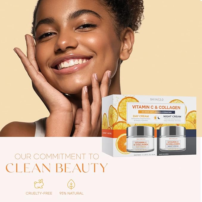 Vitamin C & Collagen Day & Night Face Moisturizer Cream - Dermatologist Tested, Brightening, Anti-Aging, Clean Beauty, Cruelty-Free Korean Skincare for All Skin Types - 1.69 oz (2-Pack)