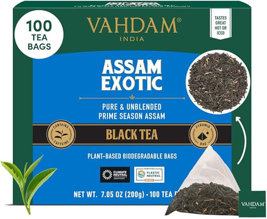 VAHDAM, Assam Exotic Black Tea Bags (100 Count) High Caffeine, Gluten Free, Full Bodied | Pyramid Tea Bags | Strong, Robust & Flavoury | Direct from Source