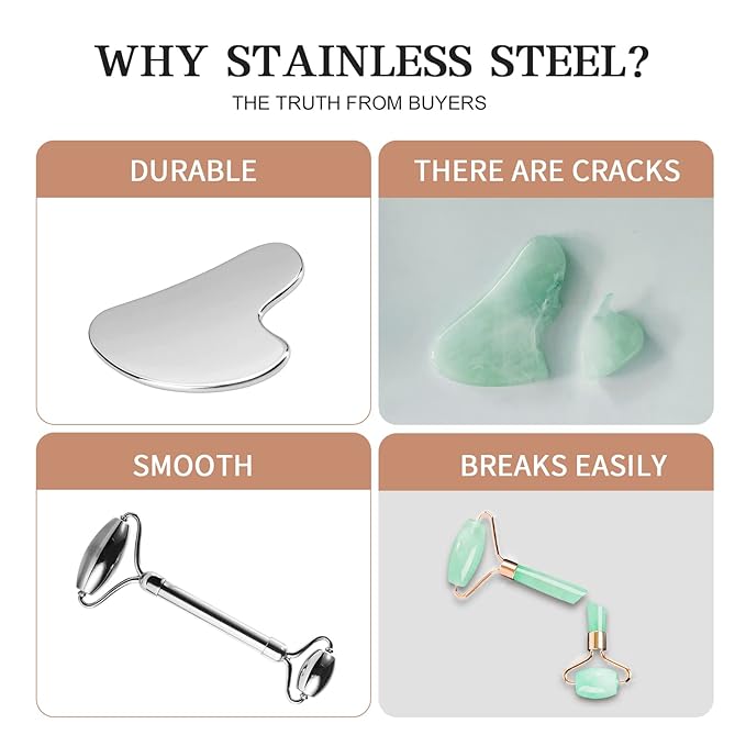 Aresvns Stainless Steel Facial Roller & Gua Sha - Metal Gua Sha, Gua Sha Facial Tools Stainless Steel, Face Body Treatment, Reduce Puffiness, Lymphatic Drainage, Facial Tension