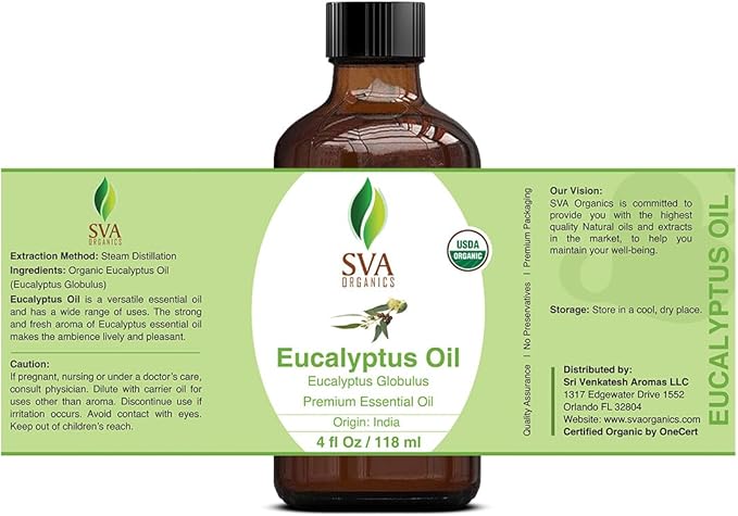 SVA Eucalyptus Essential Oil Organic – 4 Fl Oz – 100% Natural Organic Eucalyptus Oil - for Diffuser, Hair, Face, Skin Care, Aromatherapy, Scalp and Body Massage, Soap and Candle Making - with Dropper