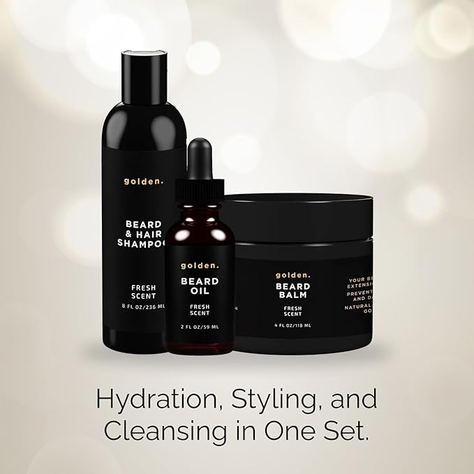 Golden Grooming Co. Everyday Beard Bundle – Complete Beard Care Set | Includes Beard Oil, Balm & Shampoo (XL, Fresh Scent)