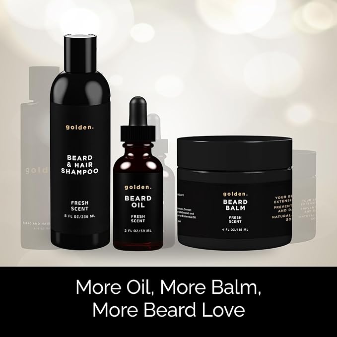 Golden Grooming Co. Everyday Beard Bundle – Complete Beard Care Set | Includes Beard Oil, Balm & Shampoo (XL, Fresh Scent)