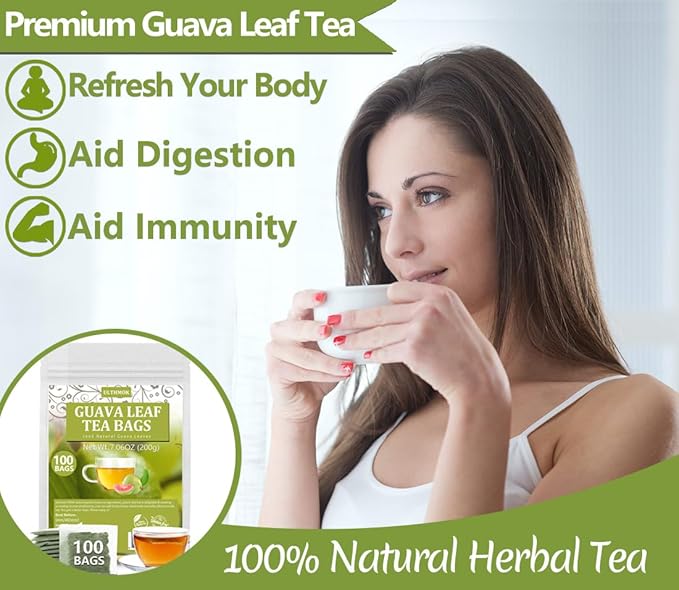 Premium 100 Guava Leaf Tea Bags, Made with 100% Natural Guava Leaves, No Additives & Caffeine Free.