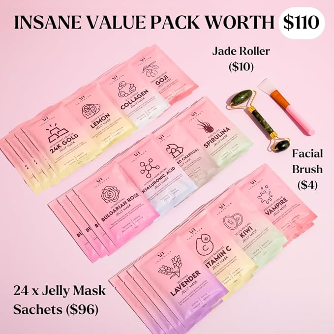 Jelly Mask for Facials - 24 Flavors Hydrating & Brightening Jelly Face Masks | Free Jade Roller & Spatula | Bulgarian Rose, Lavender, Hyaluronic Acid, 24K Gold face mask skin care |Vajacial Jelly Mask