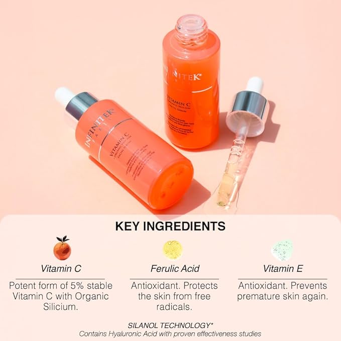 Infinitek Paris Vitamin C Face Serum - Hydrating and Brightening Antioxidant Skincare with Green Tea and Ginseng - Premium Vitamin C Facial Serum with Hyaluronic Acid for Radiant Skin and Anti Aging