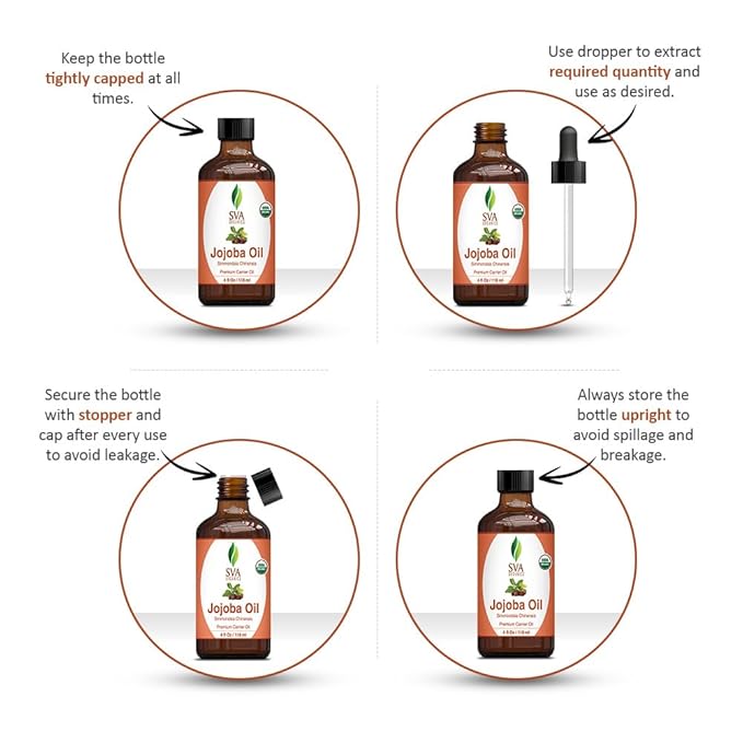 SVA Jojoba Seed Oil Organic - 4 Fl Oz – 100% Natural Cold Pressed Organic Jojoba Oil - for Face, Skin Care, Hair Care, Scalp Massage & Body Massage – Carrier Oil with Dropper