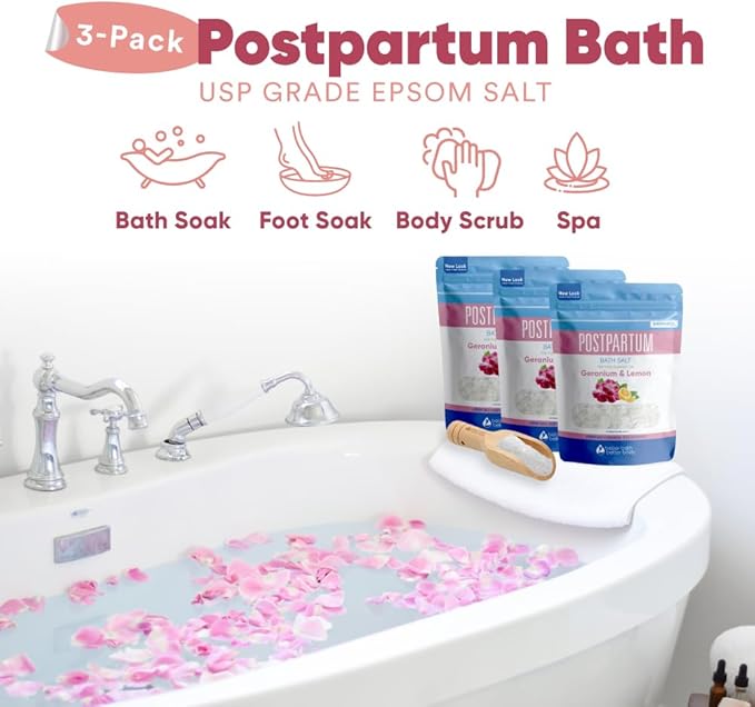 Postpartum Bath Salt (3 Pack with Scoop) Postpartum Bath Soaks USP Grade Epsom Salt with Pure Essential Oils in BPA Free Pouch with Press Lock Seal Made in USA Three 2 Lbs Pouches 6 Lbs Total
