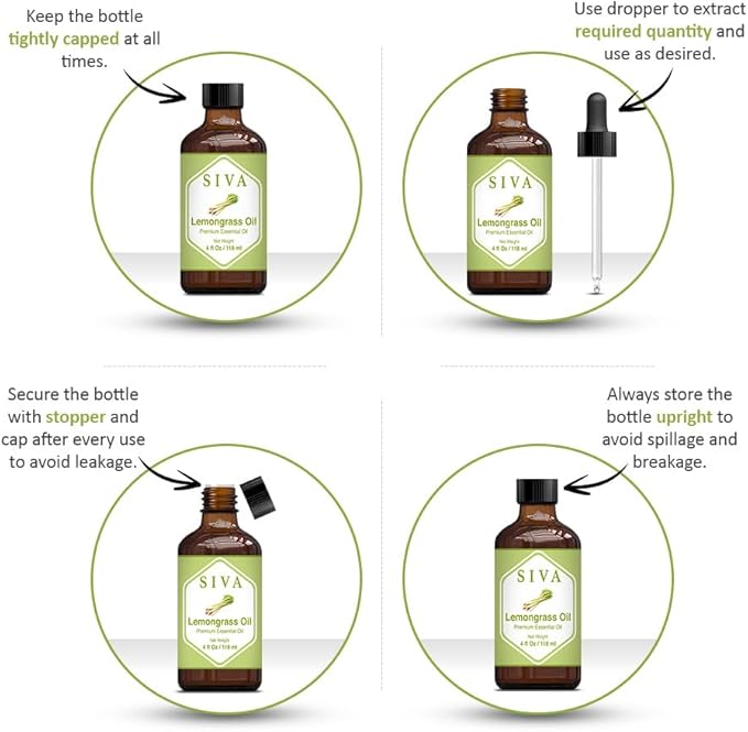 SIVA Lemongrass Essential Oil - 4 Fl Oz – Natural Lemongrass Oil - for Diffuser, Face, Skin Care, Aromatherapy, Hair Care, Scalp and Body Massage - with Dropper