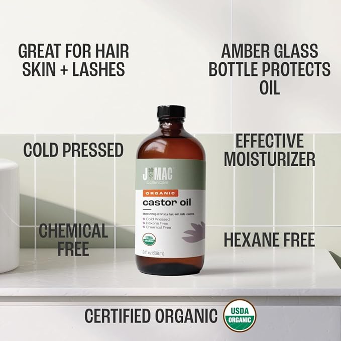 J MAC BOTANICALS, Organic Castor Oil Cold Pressed (Glass Bottle, 8 oz) pure unrefined, hexane free for face, skin, eyelashes, pack wraps, pads