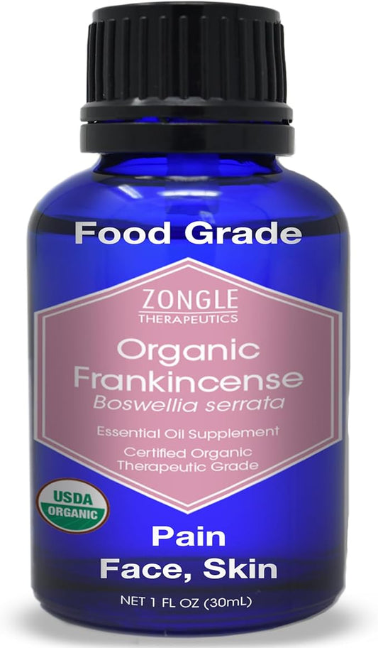 Organic, Frankincense Essential Oil, Food Grade, for Face, Pain Relief – 100% Pure, Frankincense, Resin, Oil, Boswellia Serrata, Edible, by Zongle Therapeutics, 1 OZ