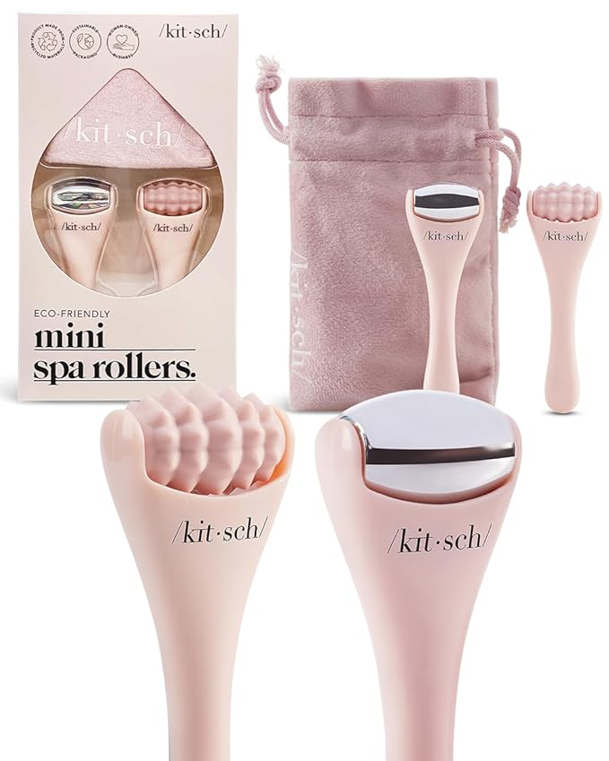 Kitsch Mini Facial Roller & Ice Face Roller Skin Care Tool Set for Women - Face Massager for Puffy Eyes, Cold Therapy, Lymphatic Drainage Massager, Self Care Gifts for Women & Men - Blush